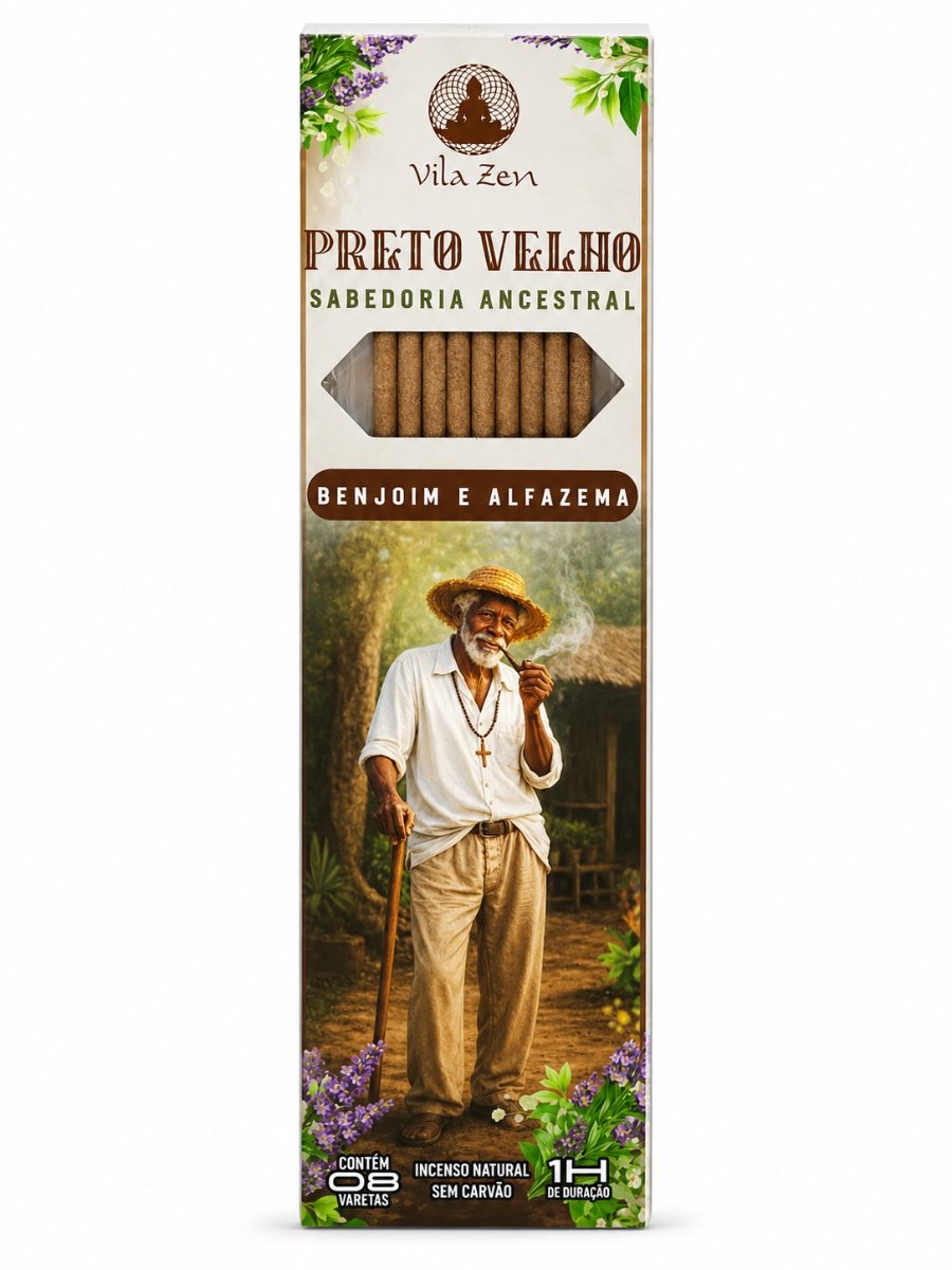 Incenso Artesanal Vila Zen Preto Velho Sabedoria Ancestral – Aroma Benjoim e Alfazema – Força Viva