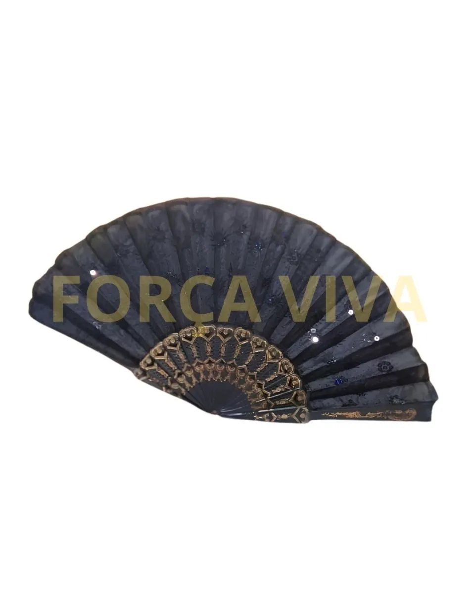Leque Preto com Dourado de Mão - Força Viva
