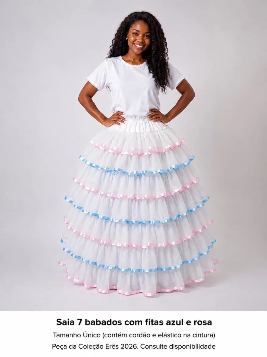 Saia 7 Babados com Fitas Azul e Rosa | Coleção Erês