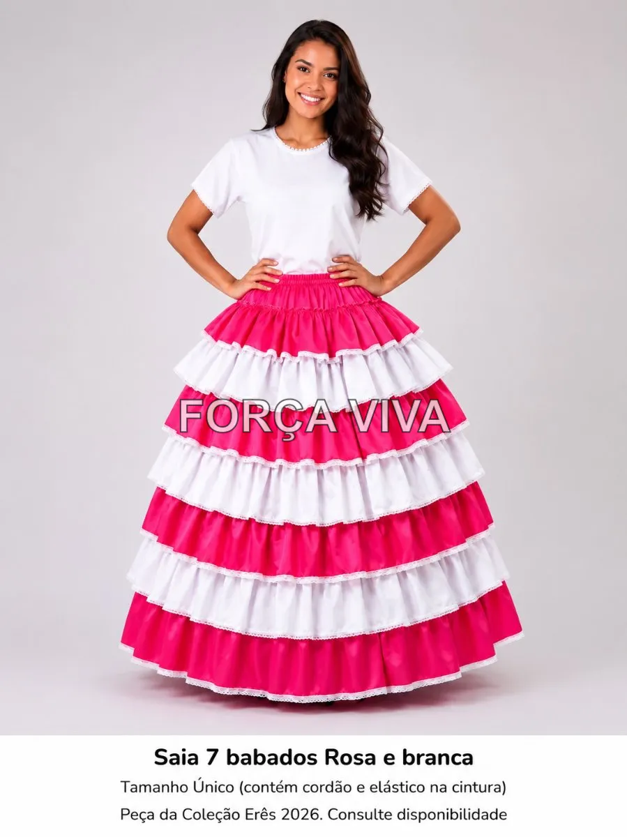 Saia 7 Babados Rosa e Branca | Coleção Erês