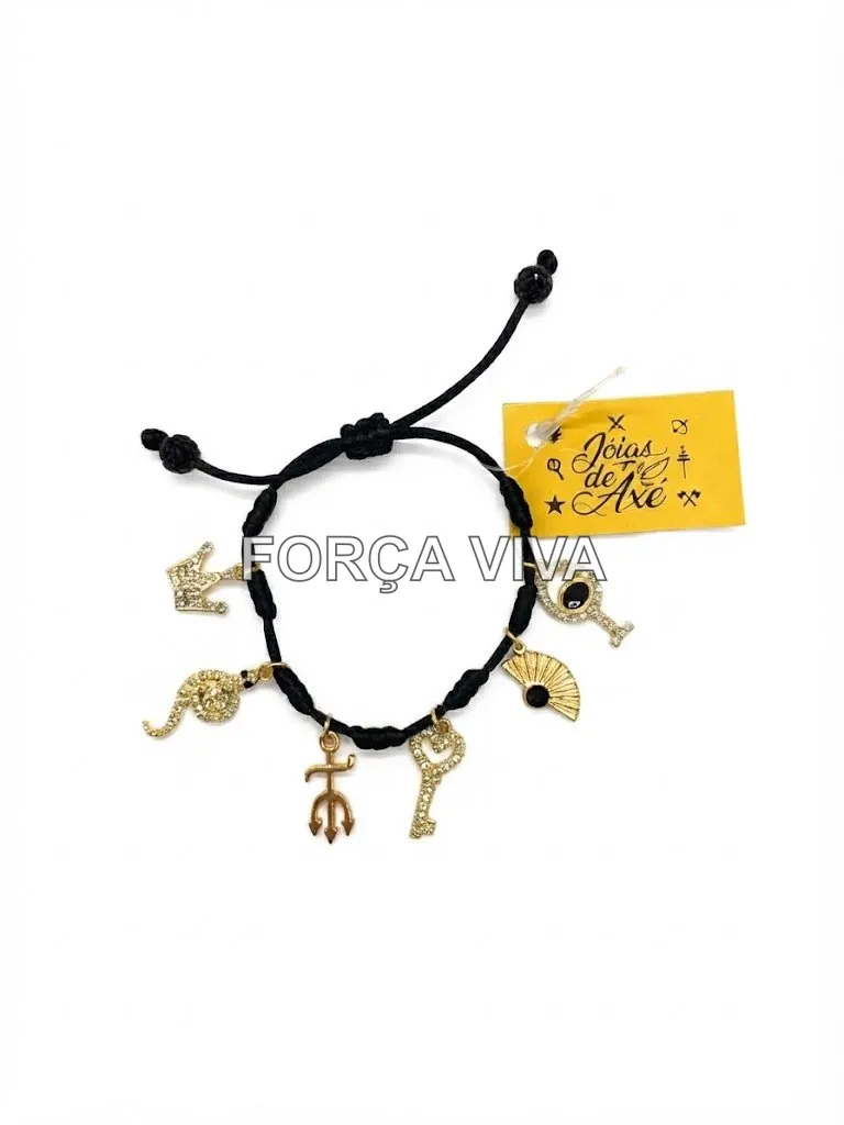 Pulseira Sete Nós dos Orixás em Fio Preto e Pingentes Dourados - Força Viva