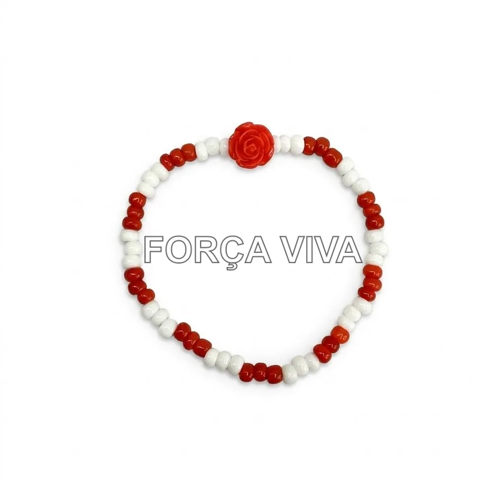 Pulseira de Miçanga Vermelha e Branca com Rosa Vermelha - Força Viva